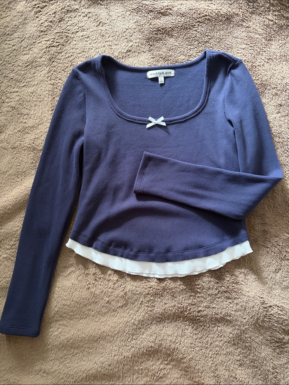 Madden Girl Navy Long Sleeve Scoop Neck Top with White Bow & Hem